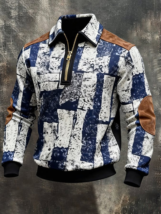 Men's Retro Color Block Print Zipper Sweatshirt