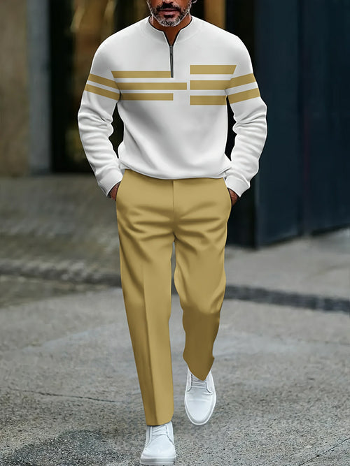 Men's Casual Yellow & White Color Matching Striped Printed Round-Neck Zipper Long Sleeved Trousers Two-Piece Set