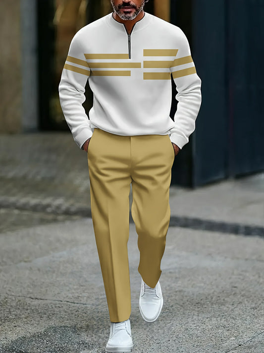Men's Casual Yellow & White Color Matching Striped Printed Round-Neck Zipper Long Sleeved Trousers Two-Piece Set