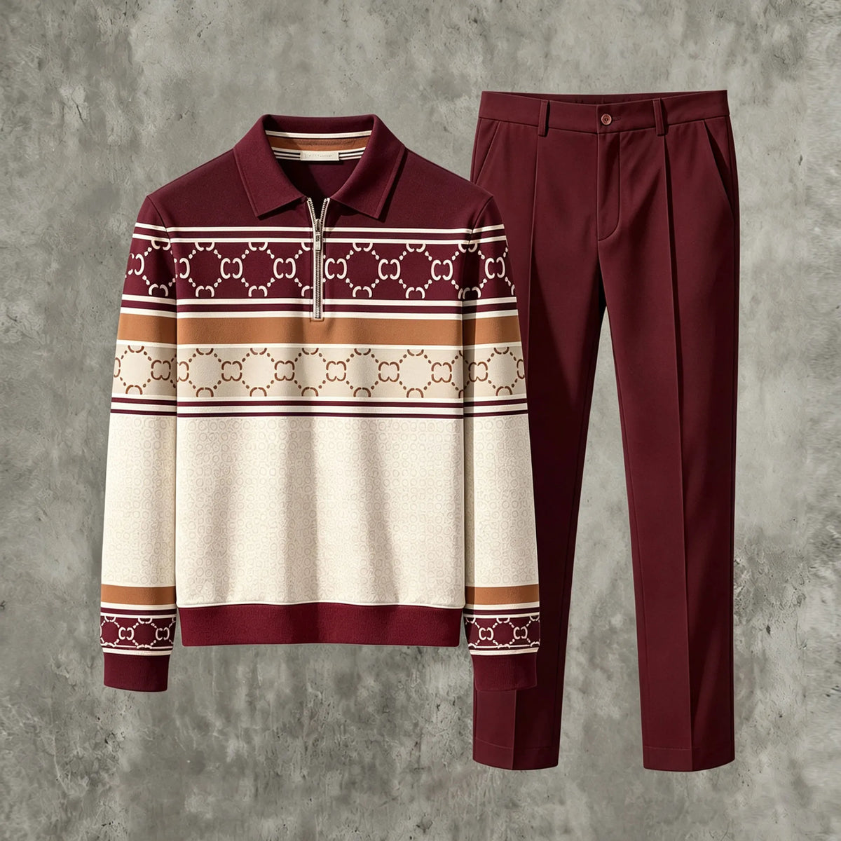 Men's Printed Zipper Polo Shirt and Pants Set
