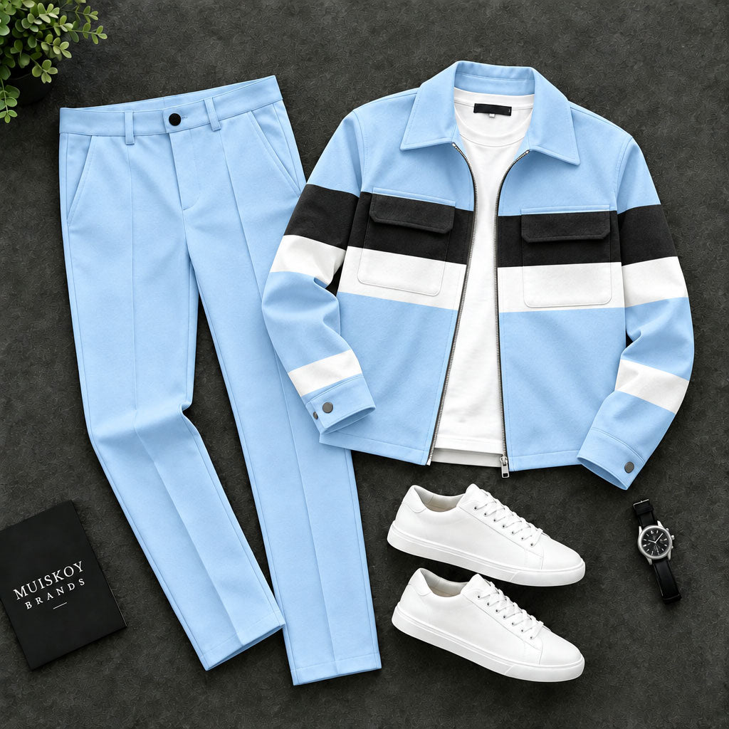 Men's Two-Piece Set: Color-Blocked Lapel Jacket and Pants