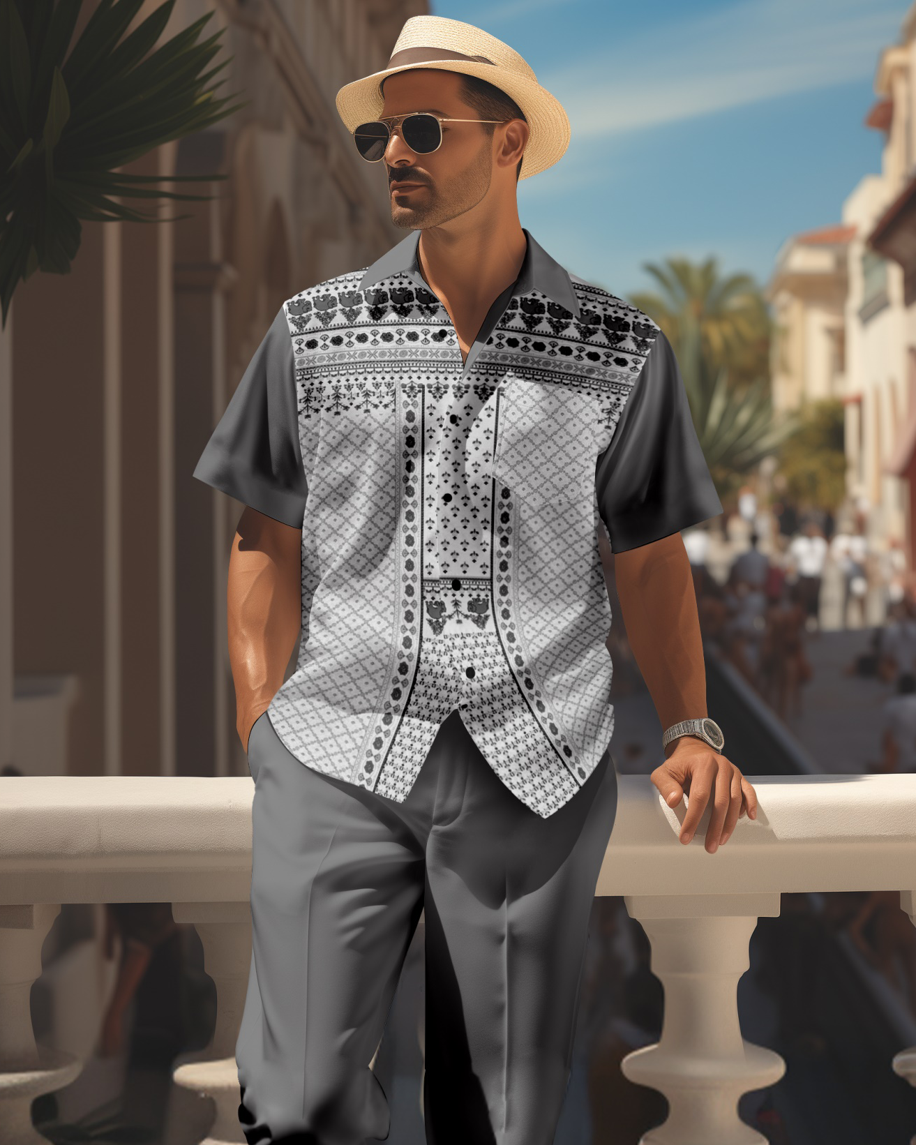 Men's retro colorblock short-sleeved shirt walking Suit 1661