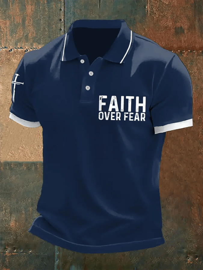 Men's Retro Faith “Faith Over Fear�? Casual Printed Polo Shirt