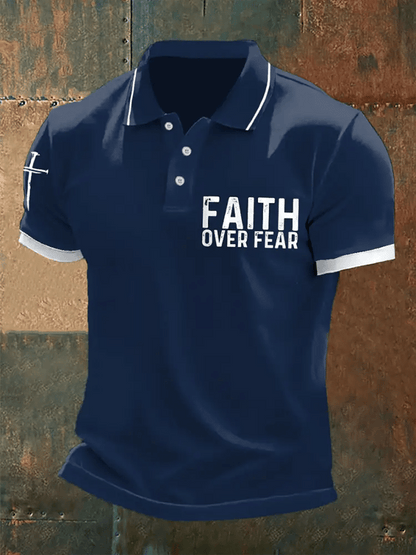 Men's Retro Faith “Faith Over Fear�? Casual Printed Polo Shirt