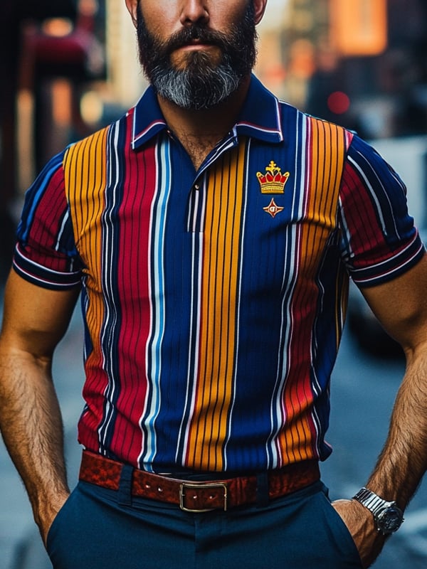 Men's Business Stripe Logo Button-Down Short Sleeve Polo Shirt