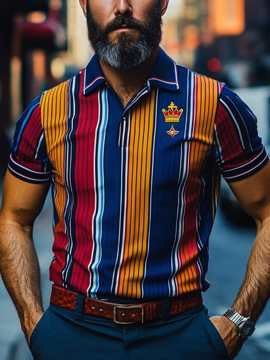 Men's Business Stripe Logo Button-Down Short Sleeve Polo Shirt