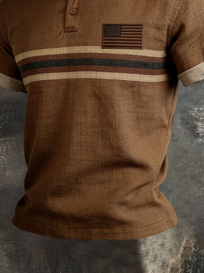 Men'S Retro Color-Block "Patriot" Polo-Collar Casual Cotton-Linen T-Shirt