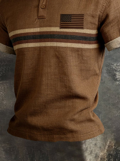Men'S Retro Color-Block "Patriot" Polo-Collar Casual Cotton-Linen T-Shirt