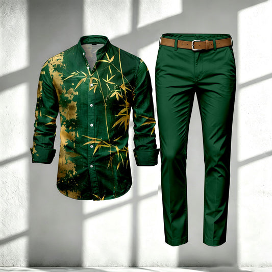Men's Green Stand-Collar Long-Sleeve Shirt and Pants Set