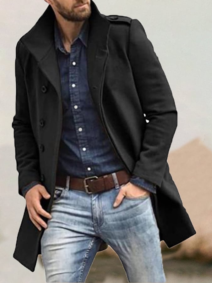 Men's Fashion Casual Standing Collar Double Breasted Faux Wool Coat