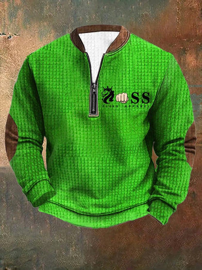 Men's Retro Letter Design Printed Zipper Collar Square Jacquard Sweatshirt