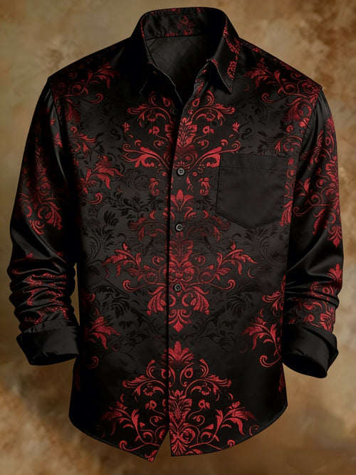Vintage Style Black Red Baroque Shirt Men's Satin Jacquard Button-Down Shirt