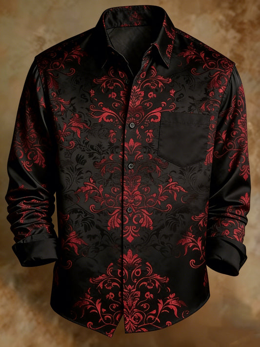 Vintage Style Black Red Baroque Shirt Men's Satin Jacquard Button-Down Shirt