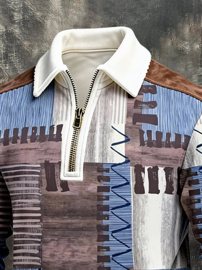 Men's Retro Color Block Print Zipper Sweatshirt