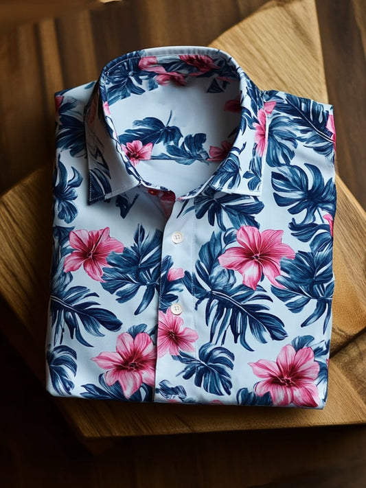 Men's Satin Luxe Hawaiian Floral Leaf Print Short Sleeve Button Shirt