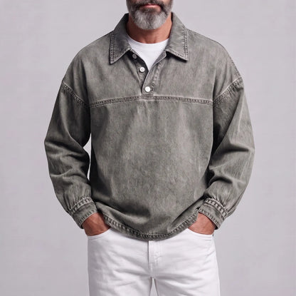 Men's Retro Solid Color Turndown Collar Button Half Placket Casual Sweatshirt