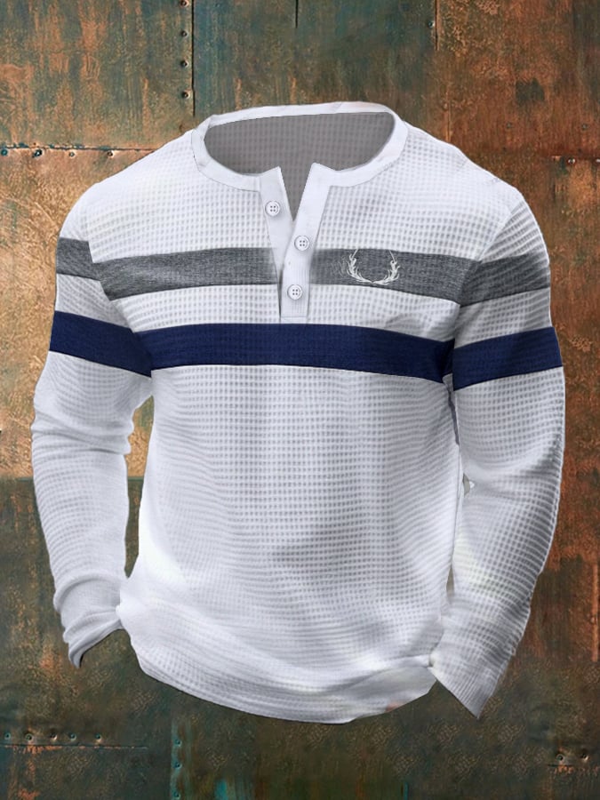 Men's Vintage Waffle Color Patch Henley Neck T-Shirt