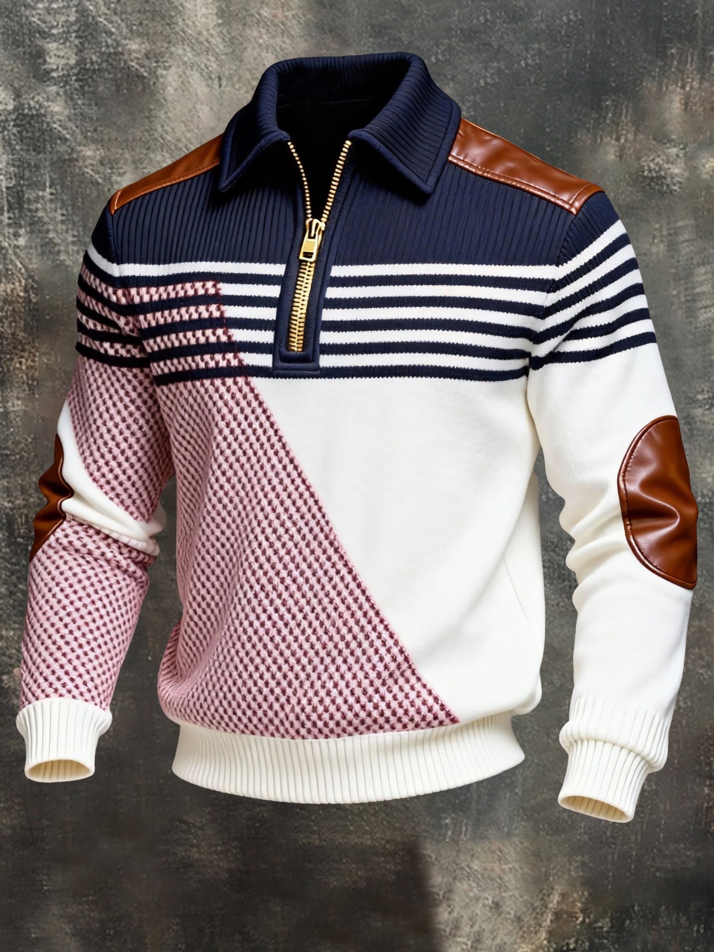 Men's Vintage Color-Block Printed Zip-Up Hoodie
