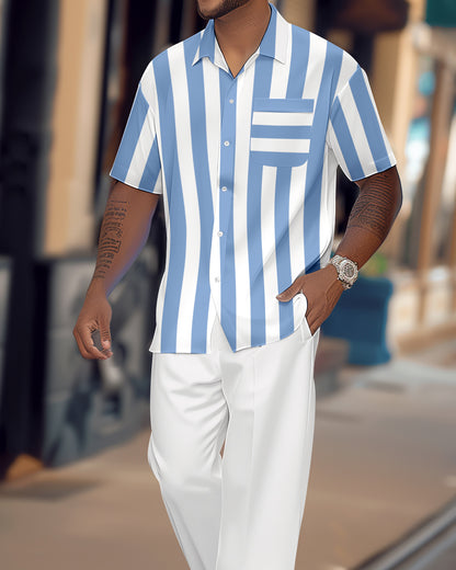 Men's Retro Colorblock Short Sleeve Shirt Walking Suit 1125