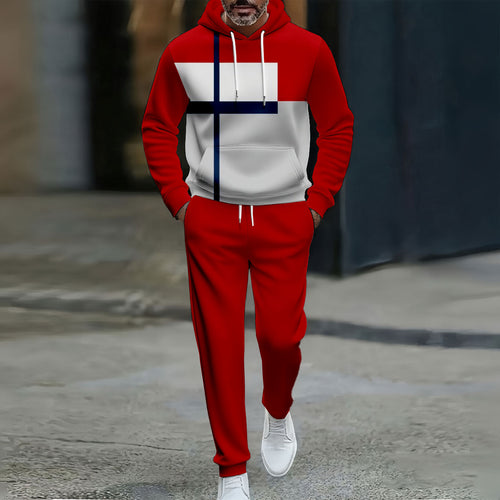 Men's Casual Red & Gray Color Matching Geometric Printed Hooded Long Sleeved Trousers Red Two-Piece Set