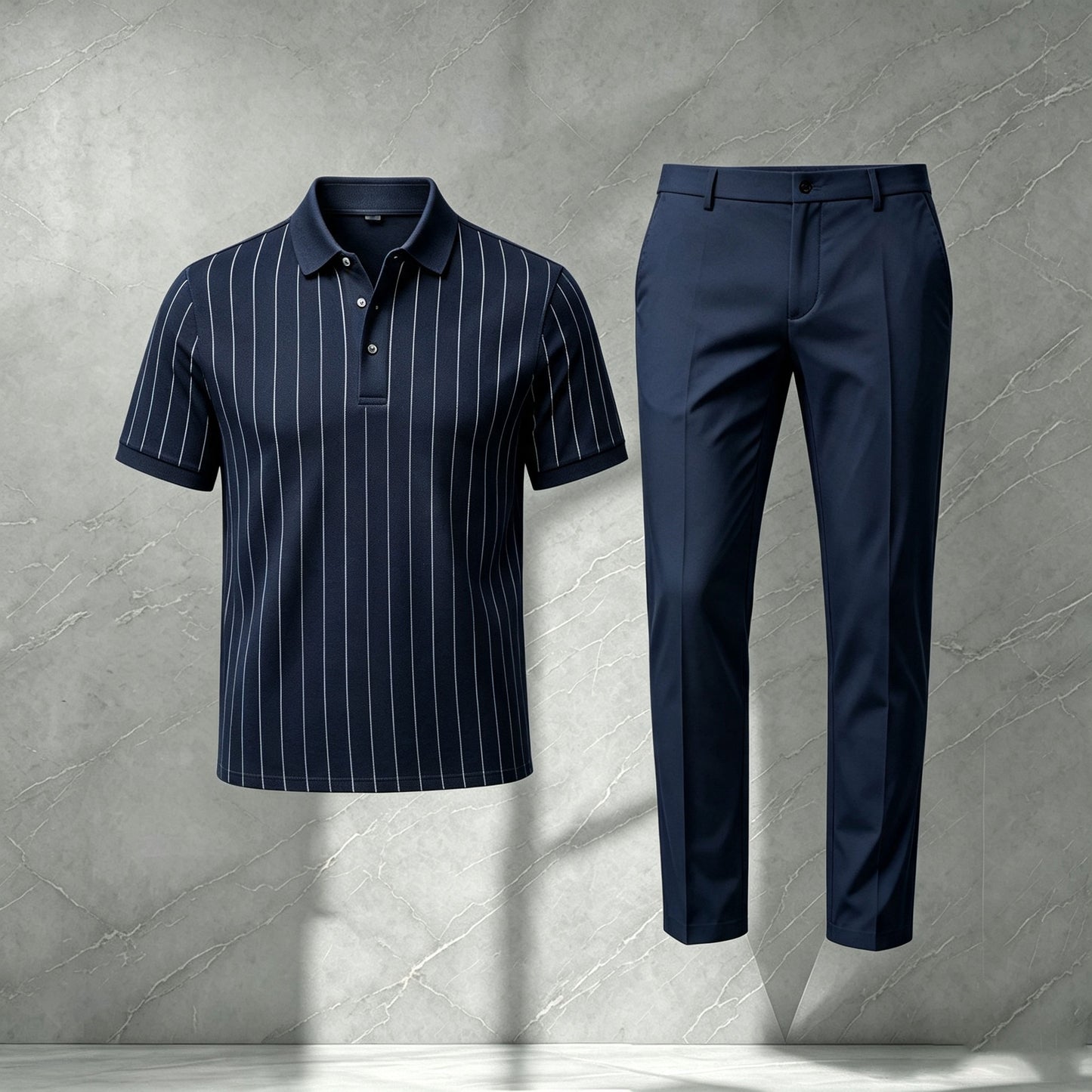 Men's Dark Blue Short-Sleeve Polo Shirt and Pants Set