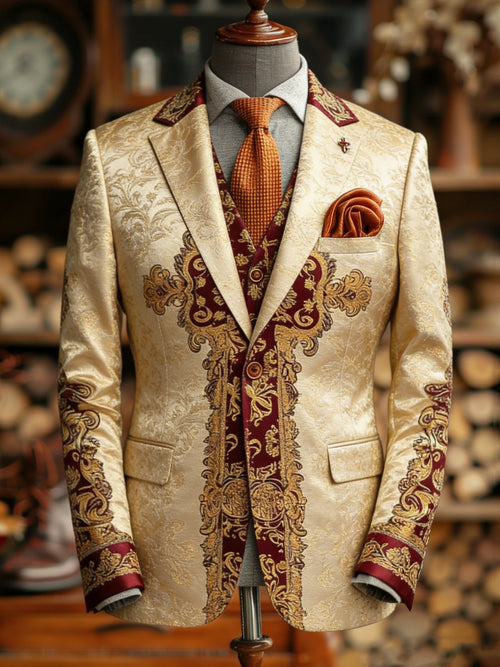 Luxury Baroque Pattern Print Champagne Gold Blazer