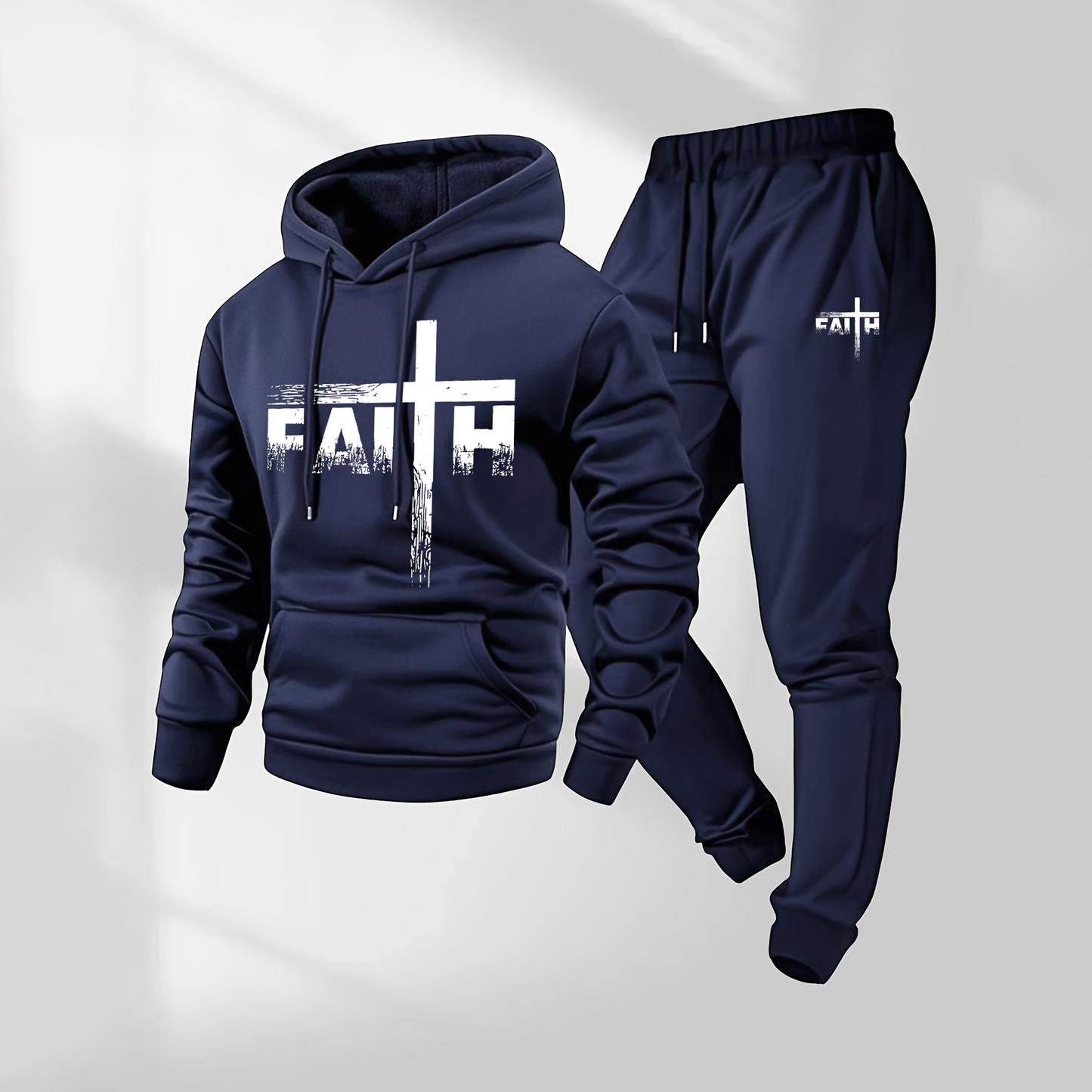 Men's Faith Letter Pattern Print Hoodie and Drawstring Sweatpants Set, Menswear, Casual Athletic Long Sleeve Hooded Jacket & Trousers for Fall & Winter, Men's Clothing for Daily Wear, Sportswear Indoor Outdoor, Tracksuit, Athleisure