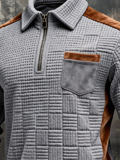 Men's Retro Jacquard Textured Patchwork Comfortable Color-Blocked Zip-Up Sweatshirt