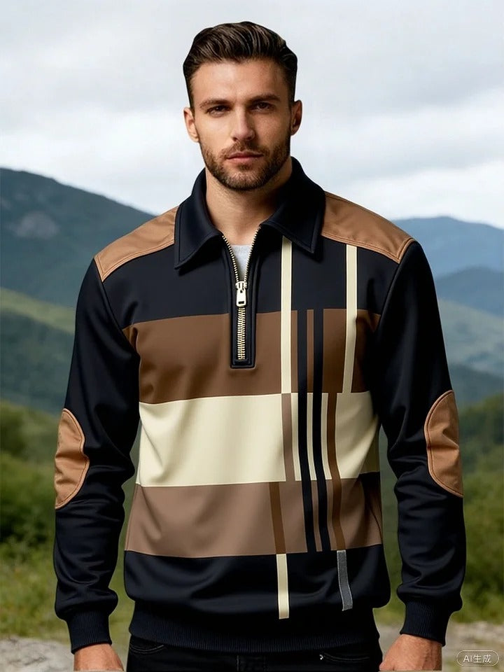 Men's Retro Color Block Print Zipper Sweatshirt