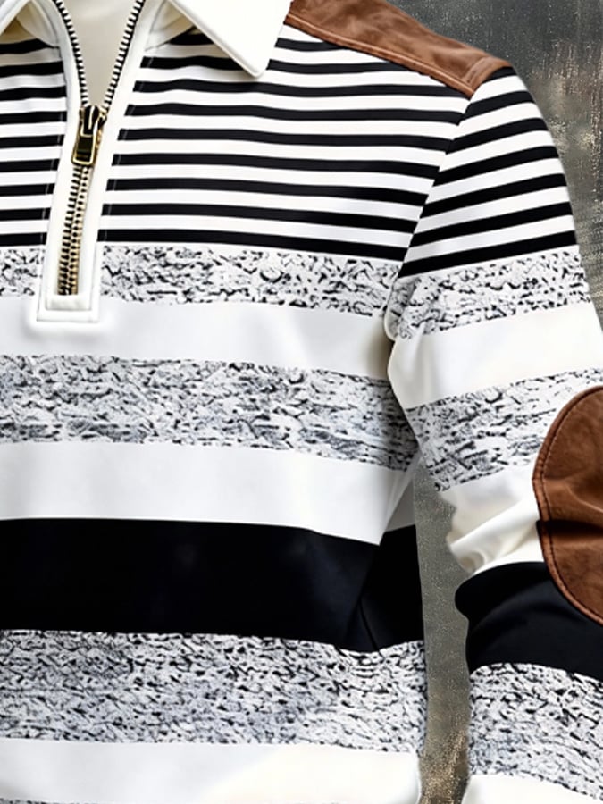 Men's Retro Color Block Print Zipper Sweatshirt