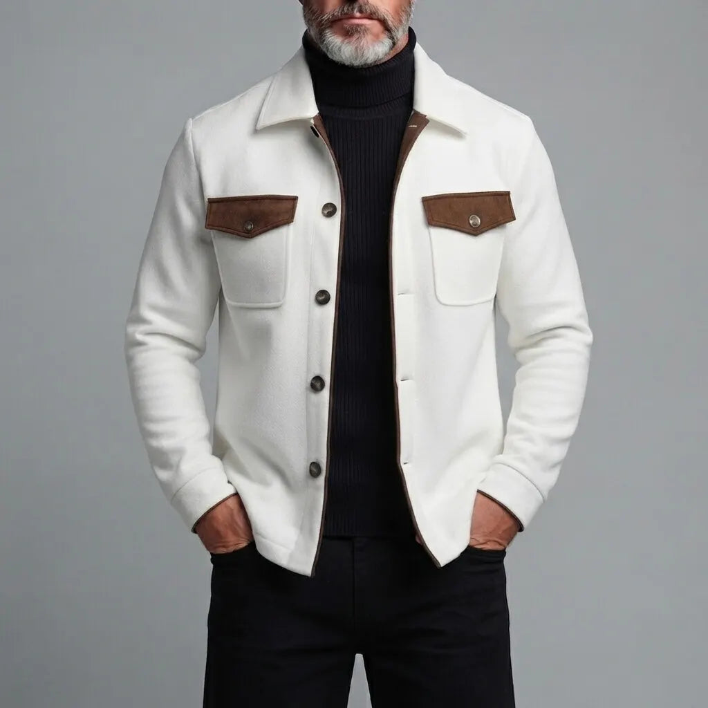 Men's White Contrast Flap Pockets Turndown Collar Single Breasted Slim Jacket