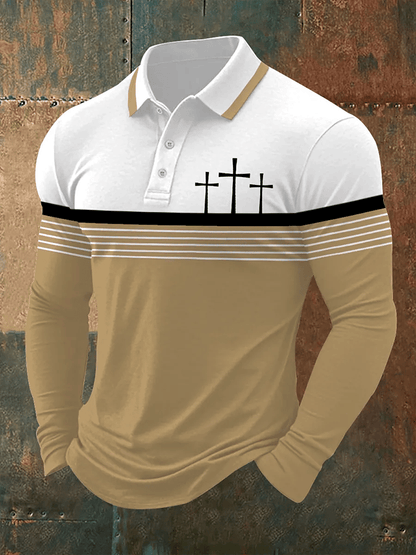 Men's Retro Faith  Casual Printed Long Sleeve Polo Shirt