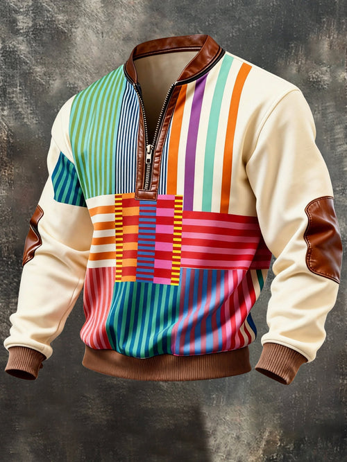 Men's Vintage Color-Block Printed Zip-Up Hoodie