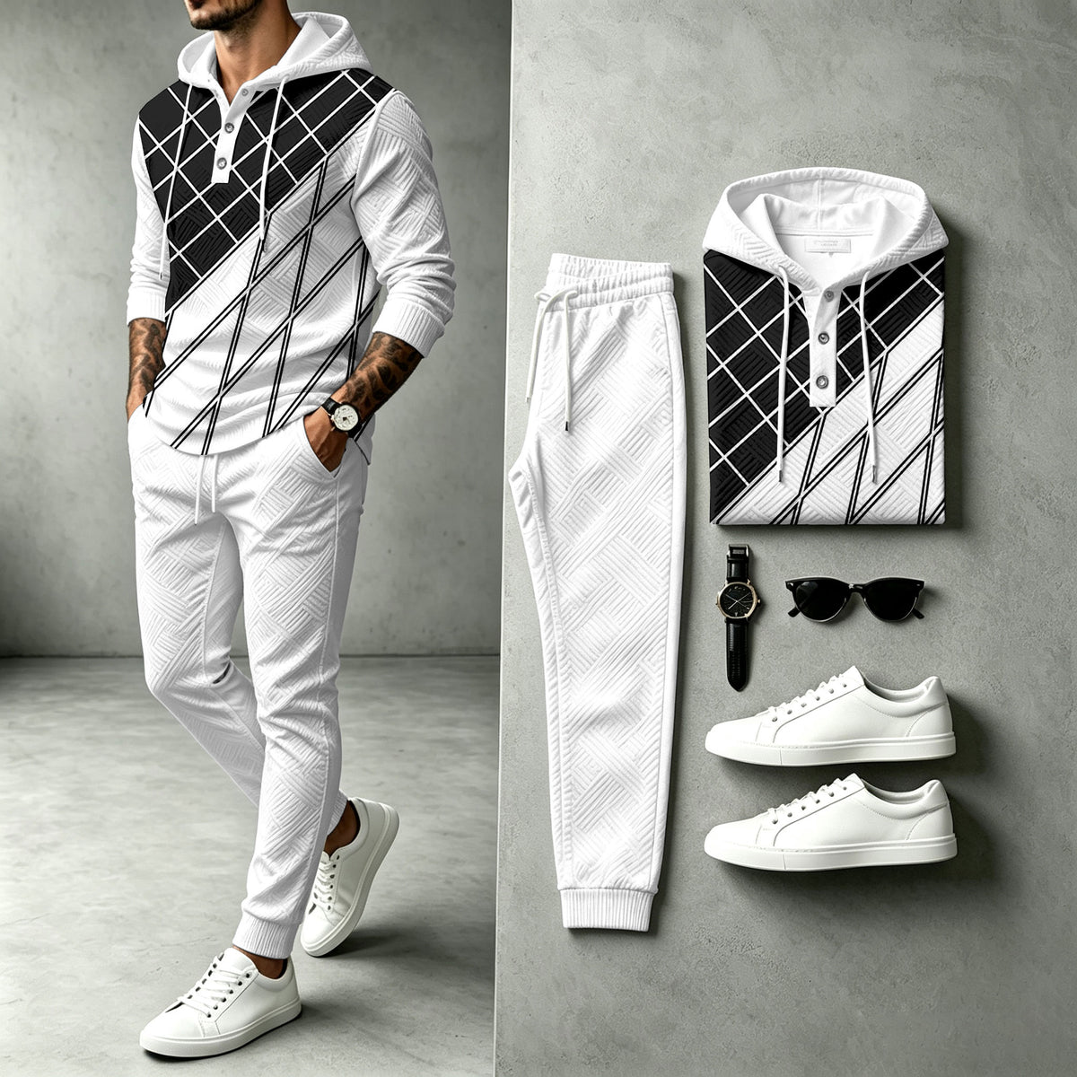 Men's Two-Tone Hooded Sweatshirt and Pants Set