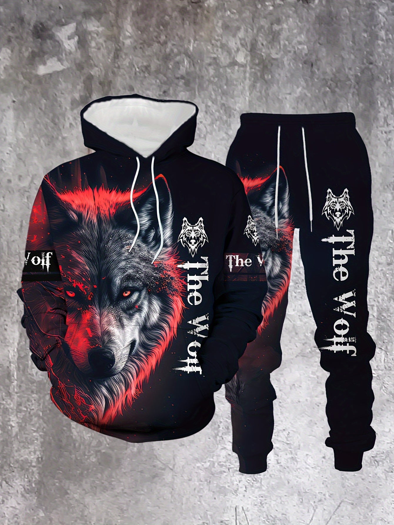 Men's Casual Color "The Wolf“ Printed Hoodies Long Sleeved Sweatshirts & Sweatpants Two-Piece Set