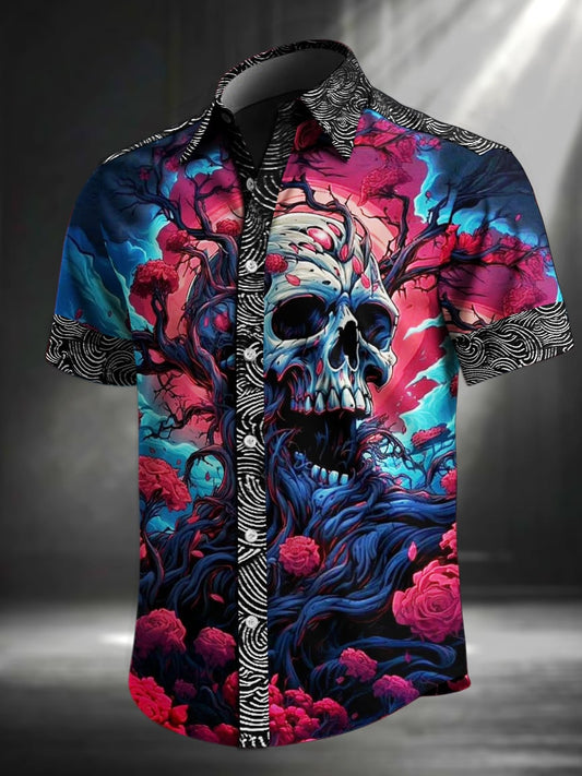 Men's Retro Skull Print Lapel Short Sleeve Shirt