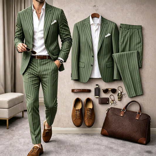 Men's Business Striped Long-Sleeve Shirt and Long Pants Two-Piece Suit