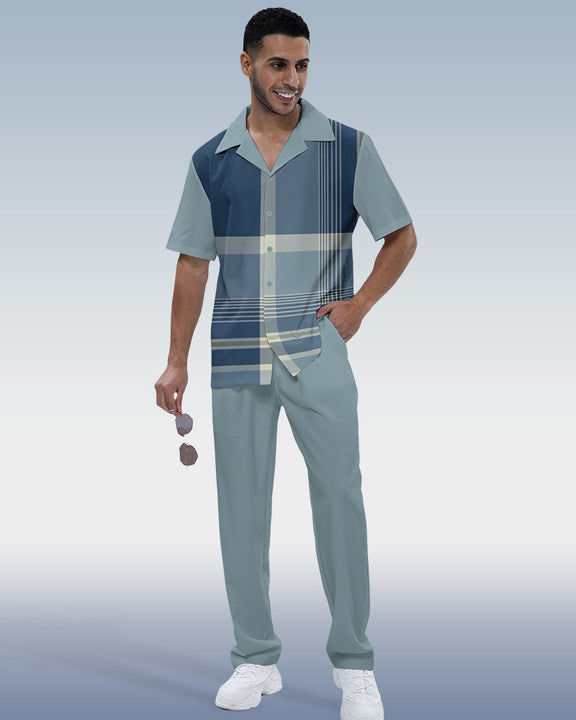 Rianmond Men's Check Print Short Sleeve Shirt Walking Set 353