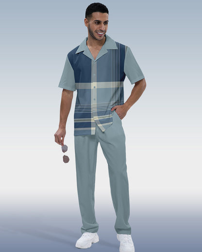 Rianmond Men's Check Print Short Sleeve Shirt Walking Set 353