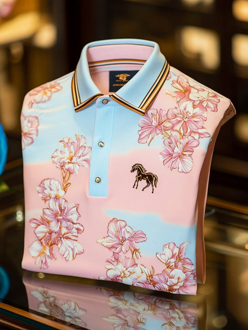 Men's Business Casual Floral Print Pony Button Short Sleeve Polo Shirt