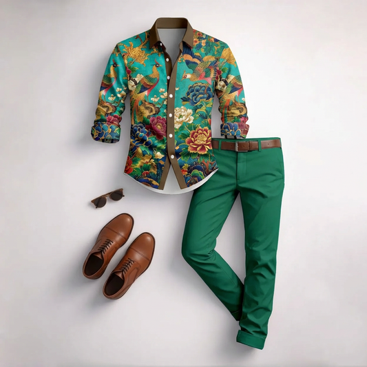 Men's Casual Green Animal Print Long-Sleeved Shirt And Trousers Two-Piece Set