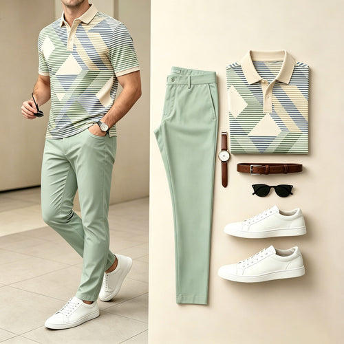 Men's Casual Green & Yellow Color Matching Geometric Short Sleeves Polo Shirt & Pants Two Piece Set