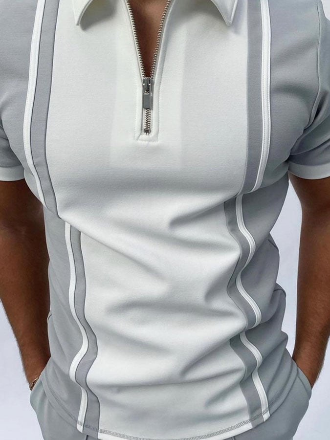 Men'S Casual Colorblock Zip-Up Polo Shirt