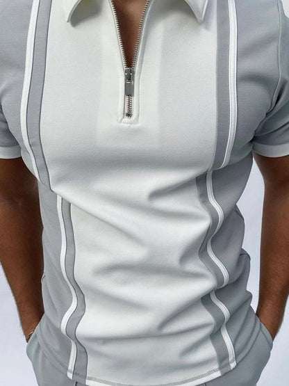 Men'S Casual Colorblock Zip-Up Polo Shirt