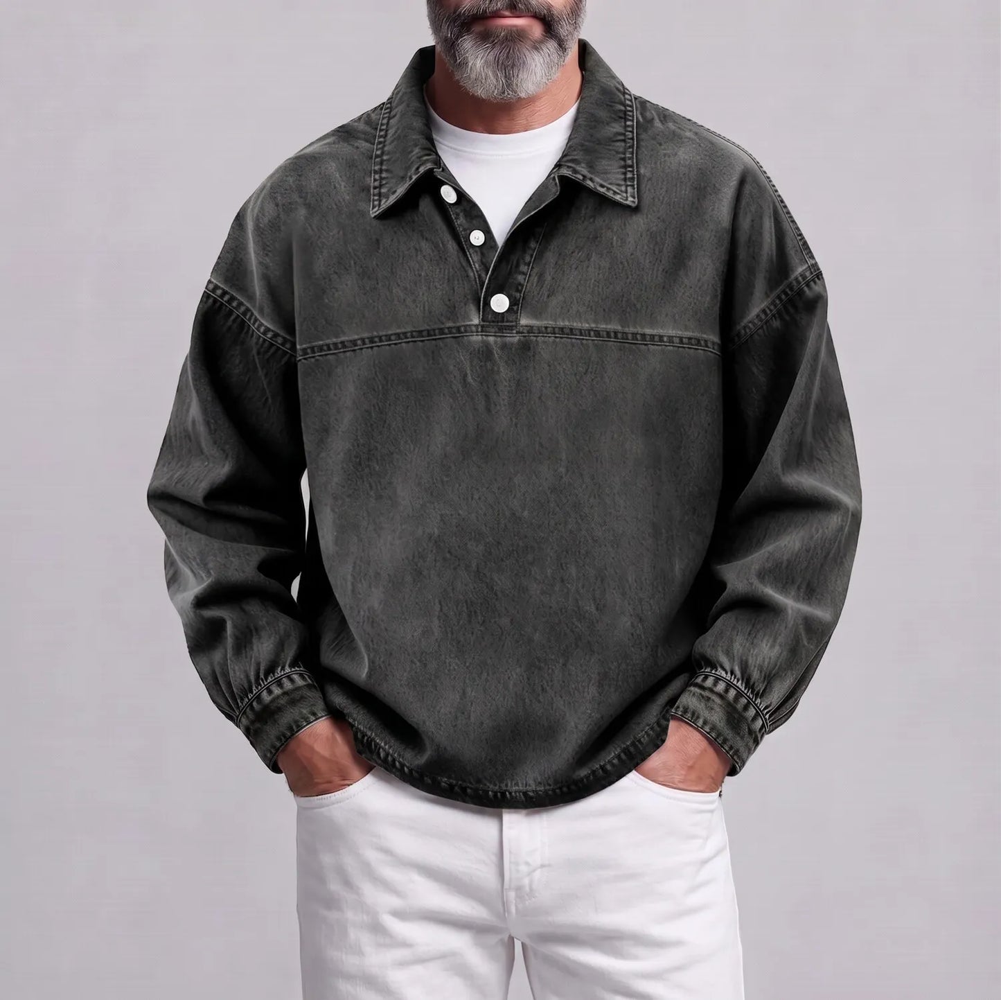 Men's Retro Solid Color Turndown Collar Button Half Placket Casual Sweatshirt