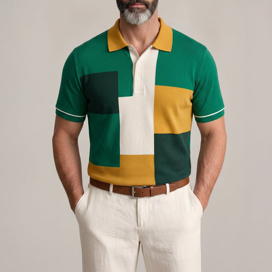 Men's Fashion Colorblock Turndown Collar Short Sleeve Casual Polo Shirt