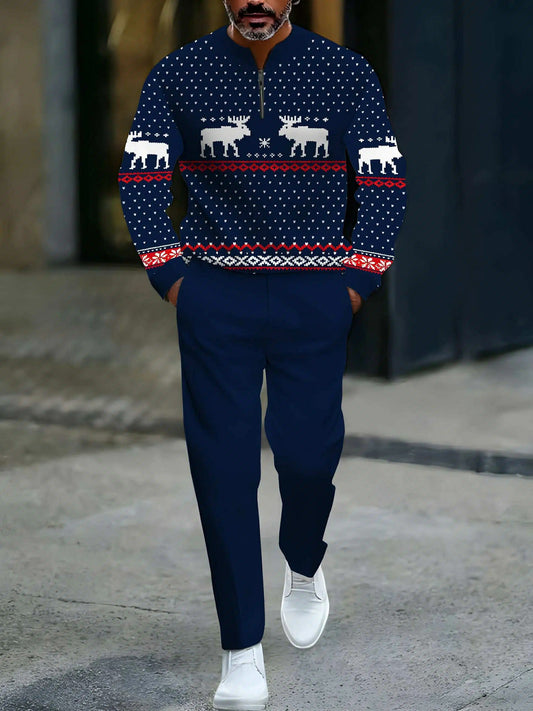 Men's Casual Navy & White Color Matching Christmas Printed Round-Neck Zipper Long Sleeved Sweatshirt & Trousers Two-Piece Set