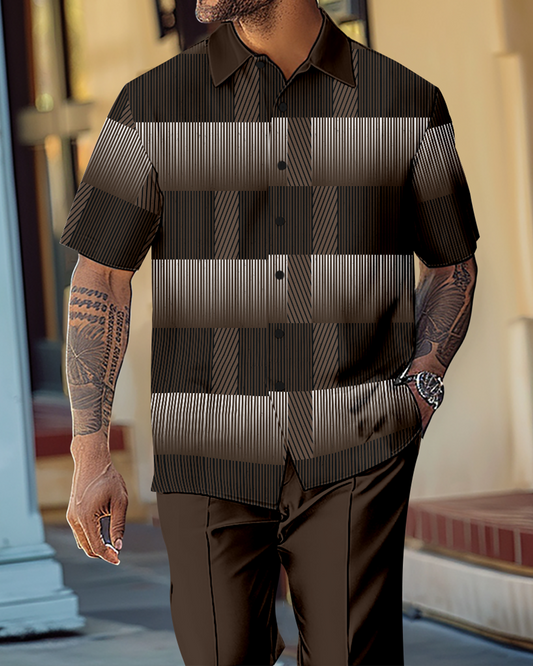 Men's Gradient Color Block Short Sleeve Shirt Walking Suit 1145