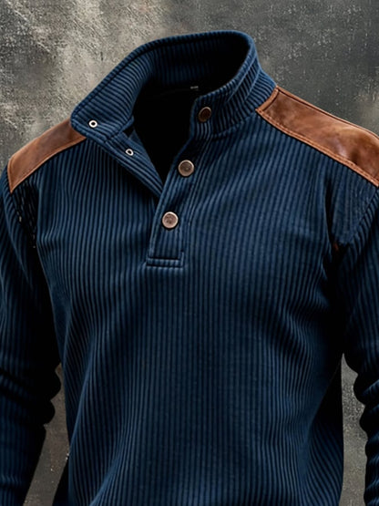 Men'S Vintage Corduroy Patchwork Color-Block Henley Neck Long-Sleeved Sweatshirt