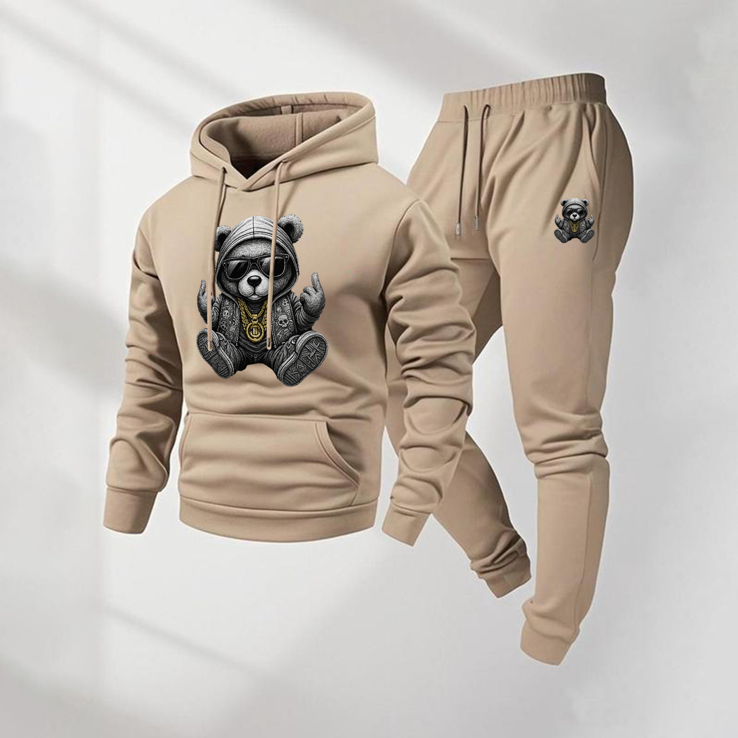 Men's Hip Hop Cartoon Bear Patterned Hoodie And Drawstring Track Pants Set, Men's Casual Athletic Long-Sleeved Hooded Jacket And Pants, Suitable For Fall And Winter, Street Style Hoodie Set, Indoor And Outdoor Sportswear,